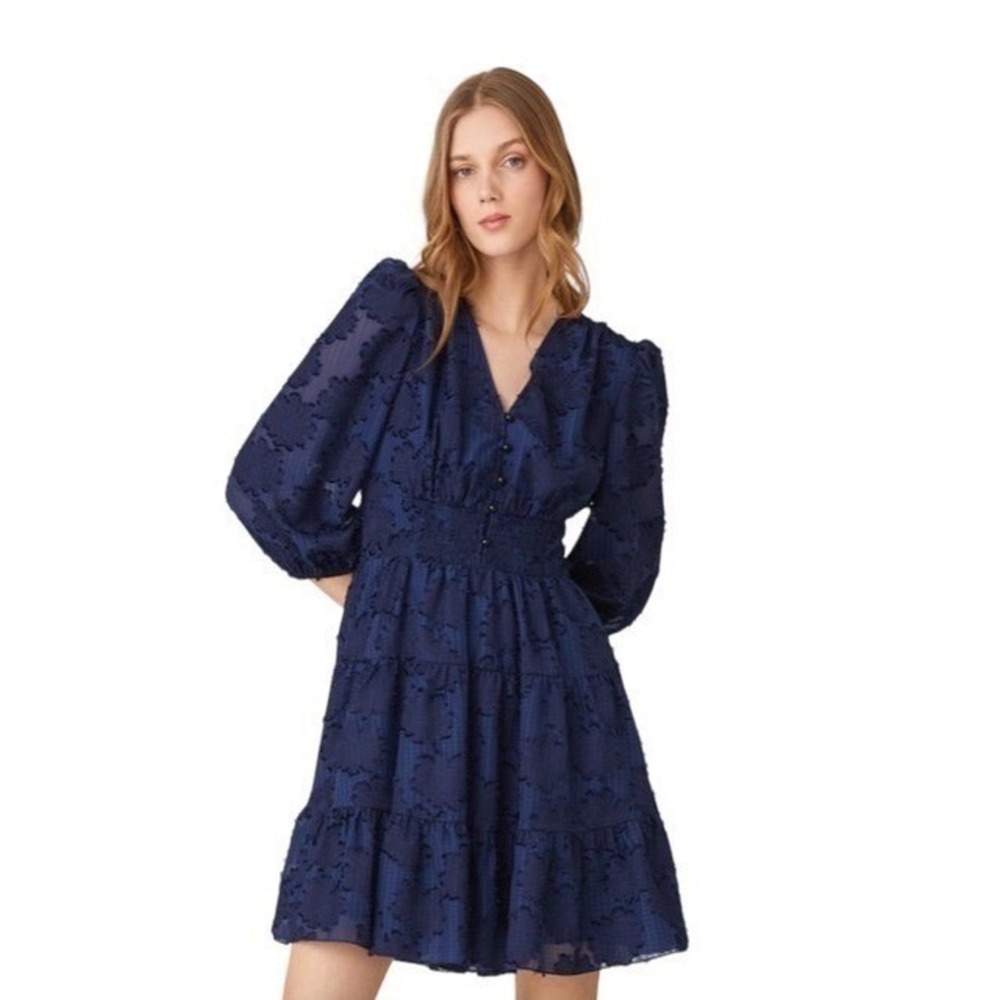 NWT Shoshanna Nomi Dress Women's Size 6 Navy Burnout Gingham Tiered Mini